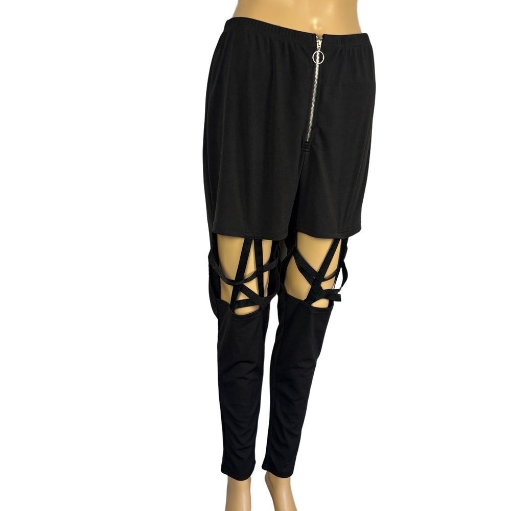 Black Cutout Pants Womens OXL Plus Size Zip Front Strappy Gothic SHEIN Curve - Picture 5 of 14